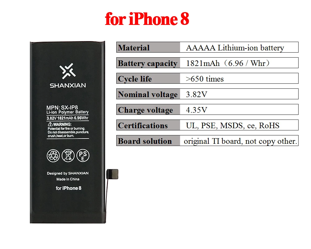 SHANXIAN Сменный аккумулятор для iPhone 5 SE 6 7 8, высококачественный внутренний аккумулятор для мобильного телефона, полимерный литиевый аккумулятор, Бесплатные инструменты