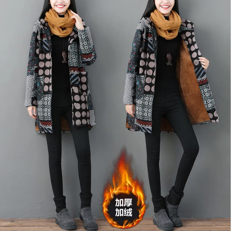 

Photo Shoot Cotton Linen Large Size Printed Fat Mm Ethnic-Style Hooded Cardigan Mid-length Retro Winter Cotton-padded Clothes