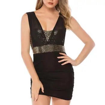 

Sexy Women Low Cut Sleeveless Backless See Through Sequins Bodycon Mini Dress Low Cut Sleeveless Backless Bodycon Mini Dress