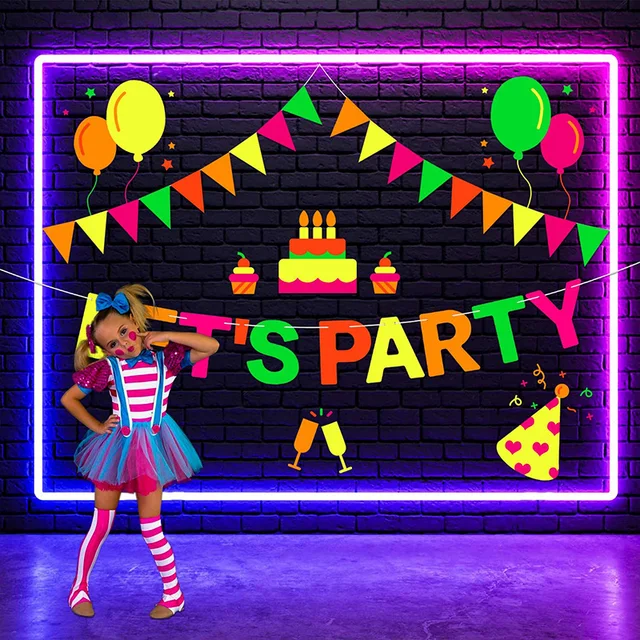 16Pcs Neon Paper Let's Party Banner with A4 Neon Paper Decor for Black Light Birthday Wedding Party Glow in The Dark Dance Party 3
