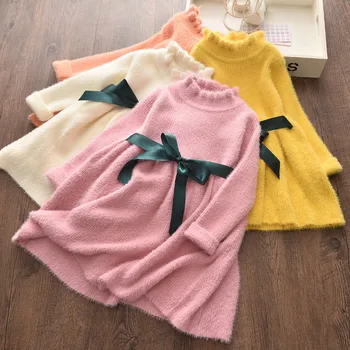 

Baby girl winter knitted sweater dress princess dress girl bow lace cardigan sweater baby girl thick sweater warm dress