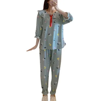 

New Style Pajamas Women Autumn Trousers Seven-Quarter Sleeve Doll Collar Suit Girl Student Sweet Cute Loose Home Service