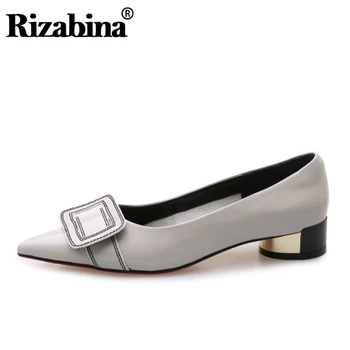 

RIZABINA Pointed Toe Pumps Women Genuine Leather Slip On Thick Heels Shoes High Quality Daily Office Ladies Shoes Size 34-39