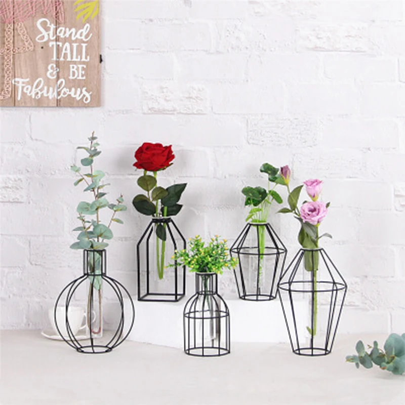 Nordic Style 3D Glass Iron Art Geometric Vase with Cuvette Tabletop Plant B R8W5 