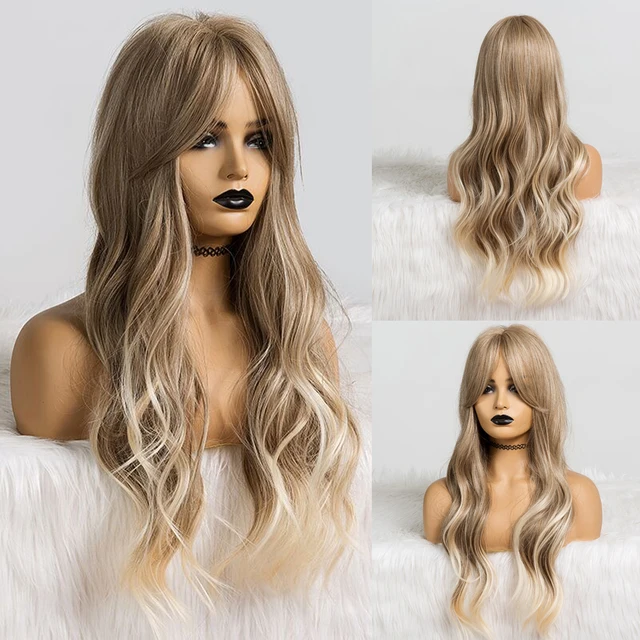 LOUIS FERRE Highlight Colored Wig for Women Long Wave Brown Blonde Ombre Bob Hair Wig with Bangs Daily Heat Resistant Fibre wig lc237-3