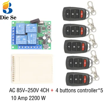 433MHz 범용 무선 원격 제어 AC 110V 220V 10Amp 2200W 4CH 릴레이 수신기 모듈, 게이트 차고 오프너용 RF 스위치