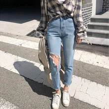 Mozuleva винтажные отбеленные женские джинсы со средней талией, уличная одежда, свободные прямые джинсы бойфренда, растягивающиеся рваные женские джинсы