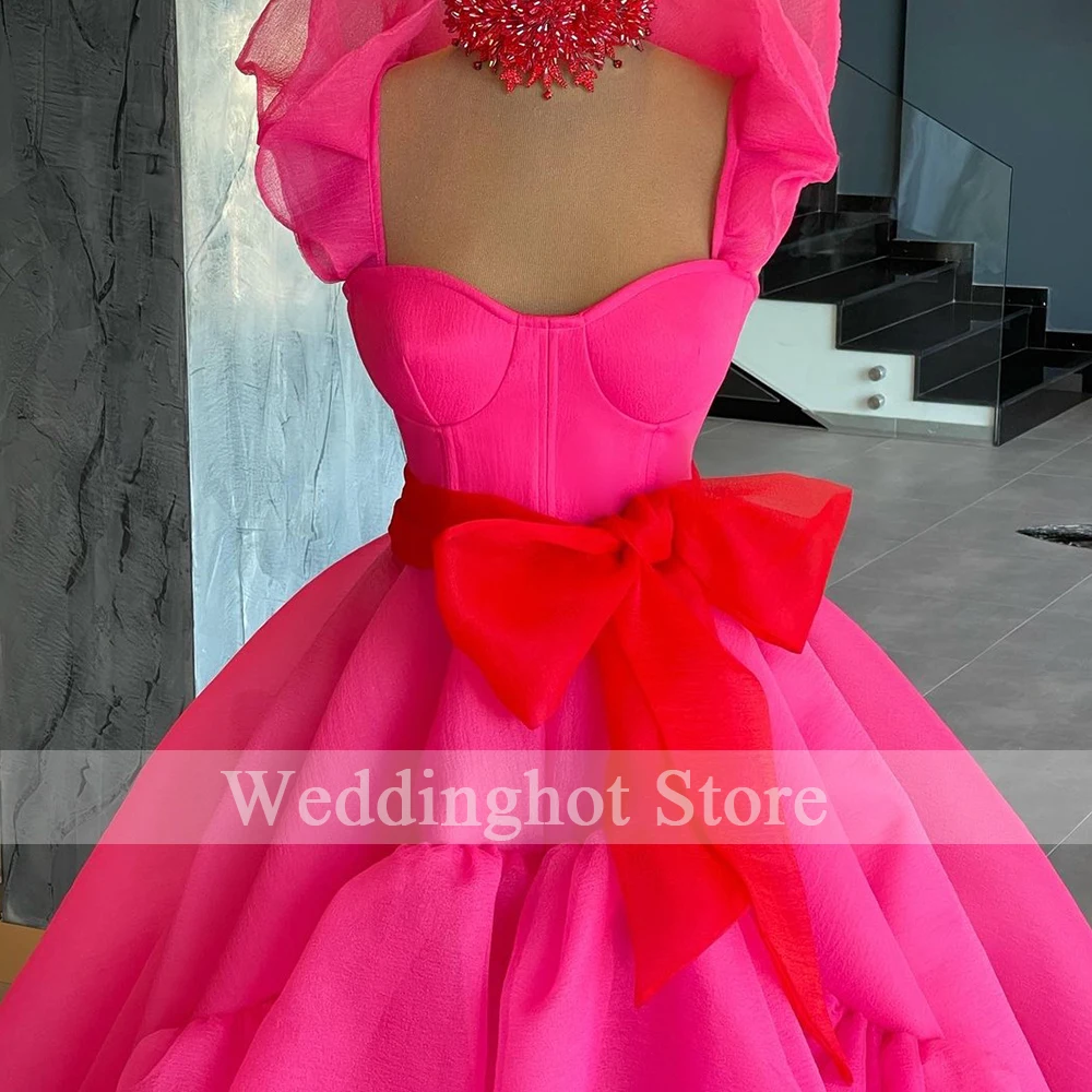 Sweetheart Rose Red Evening Dresses Long 2023 Elegant Organza Hi-Lo A-Line Prom Gowns Sexy  Bow Party Dress vestido de fiesta