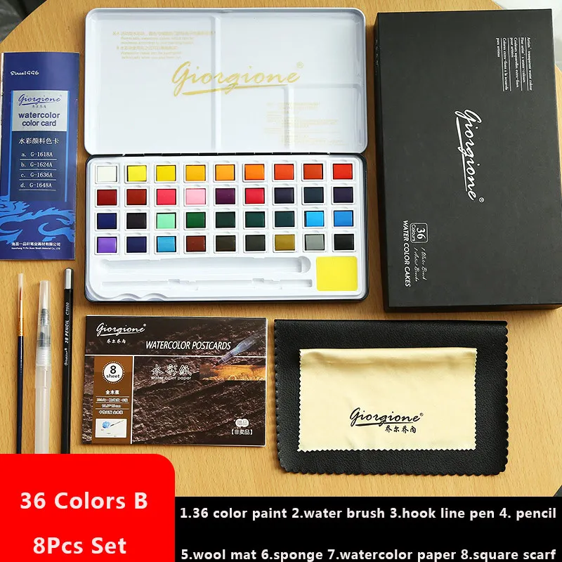 48 цветов однотонные акварельные краски в наборе металлическая коробка Акварельная краска пигмент для рисования с краской принадлежности художественные Кисти - Цвет: 36colors black
