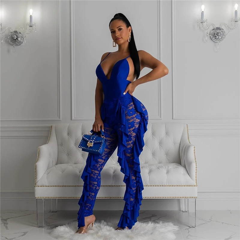 Adogirl Solid Blue Ruffle Lace Jumpsuit 