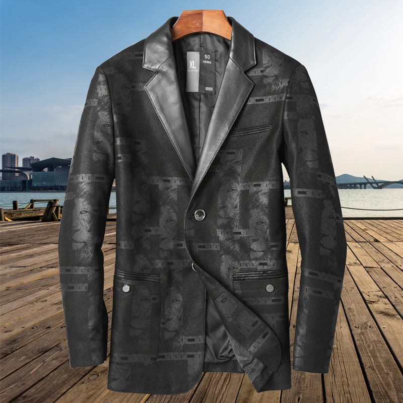 2019 New Real Leather Suede Jacket Men Genuine Leather Coat Printed Black Leather Jacket Long Fashion Leather Suit Jackets
