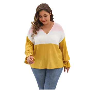 

Women's Irregular Neckline Blouse New Plus Size V-Neck Patchwork Trumpet Long Sleeve Loose Tops Spring Summer Elegant Camisa YL5