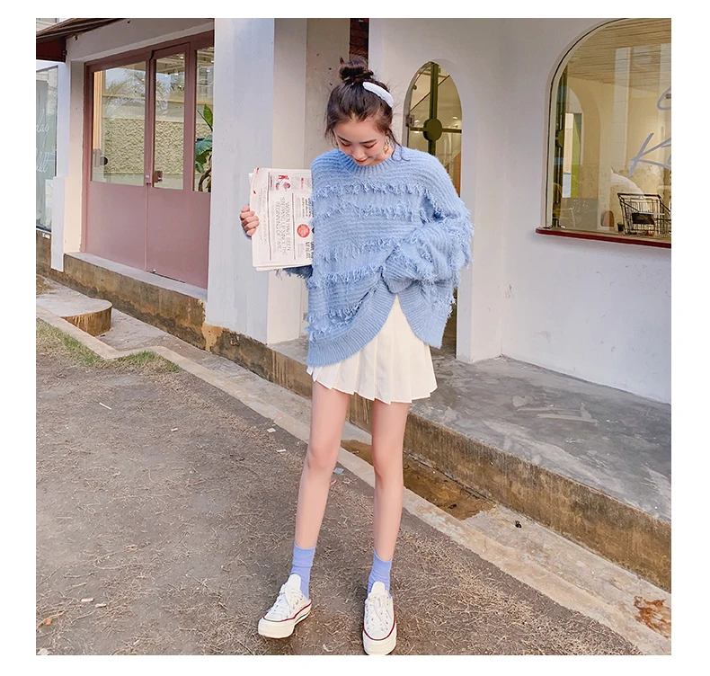 Зимние женские свитера с кисточками в Корейском стиле, милые вязаные пуловеры в полоску с длинным рукавом и круглым вырезом, Свободный Повседневный свитер, джемпер, топы