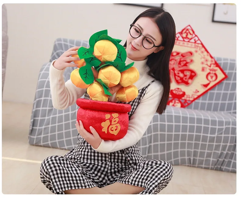 Model Blossoming Prosperous Auspicious Orange Potted Plant Decoration Peach Blossom Pillow New Year Mascot Gift