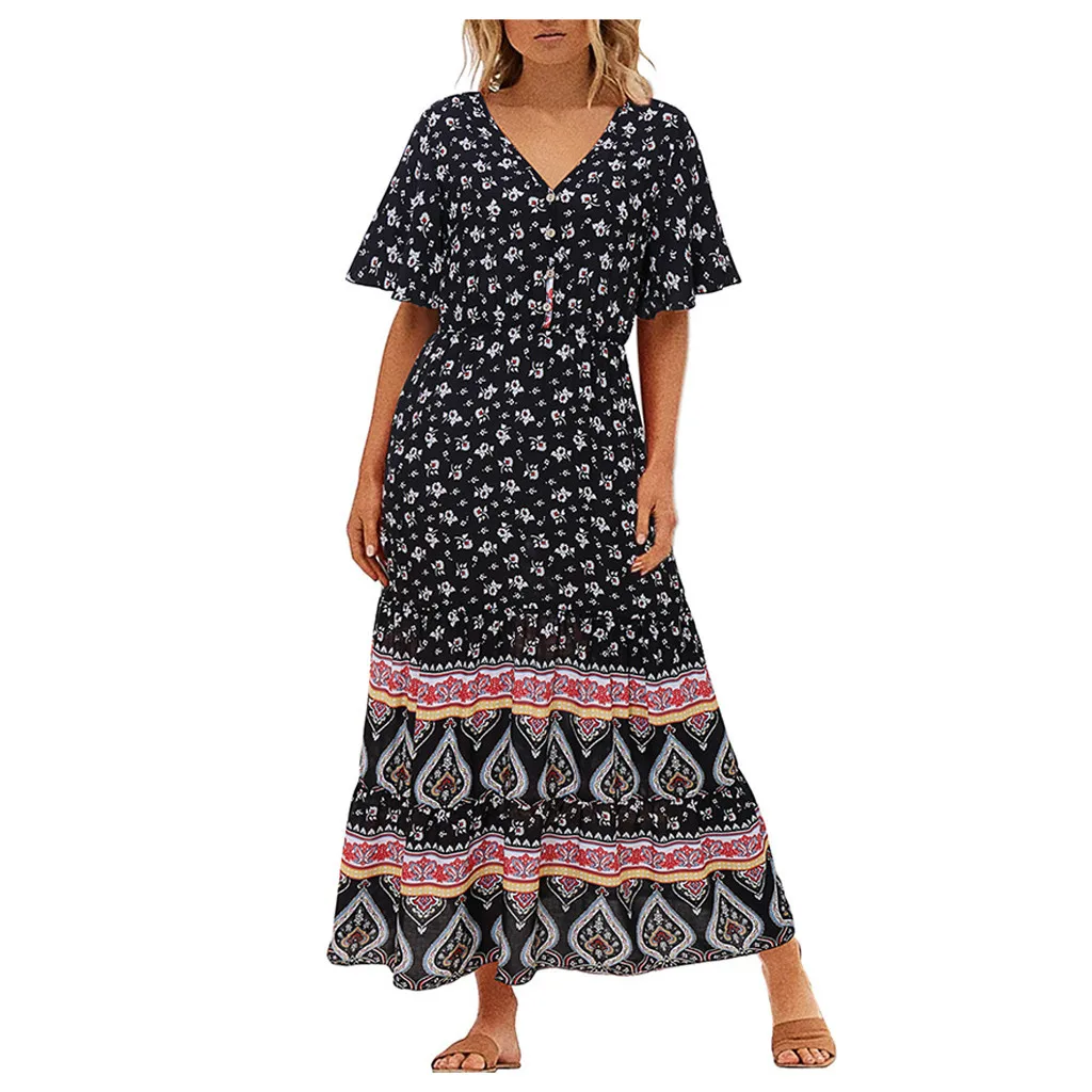 Новинка, популярное летнее женское богемное пляжное длинное платье с v-образным вырезом, коротким рукавом и цветочным принтом# J30