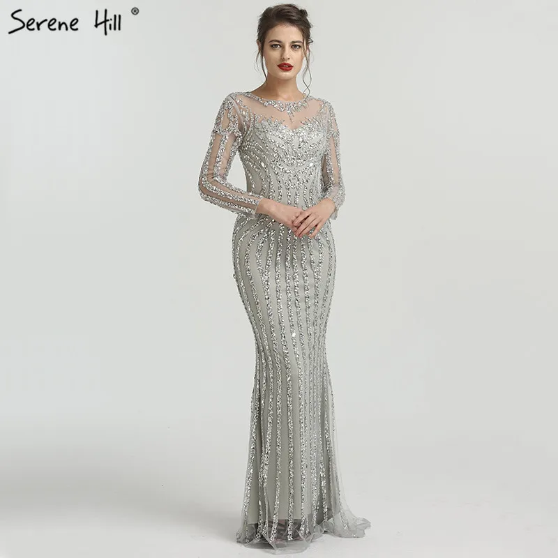 

Grey Luxury Long Sleeves Sparkly Prom Dresses Mermaid Sexy Diamond Beading Prom Gown 2019 Robe De Soiree DLA6591