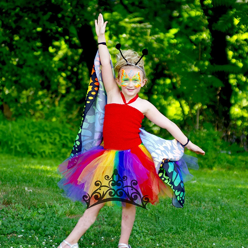 Bright Rainbow Butterfly Tutu Dress Little Kids Girls Halloween Costume Outfit Children Birthday Party Beach Holiday Tulle Dresses (3)