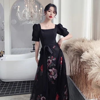 

Noble A-line Cheongsam Women Flower Formal Party Mesh Gown Puff Sleeve Novelty Chinese Dress Elegant Balck Vestidos De Festa