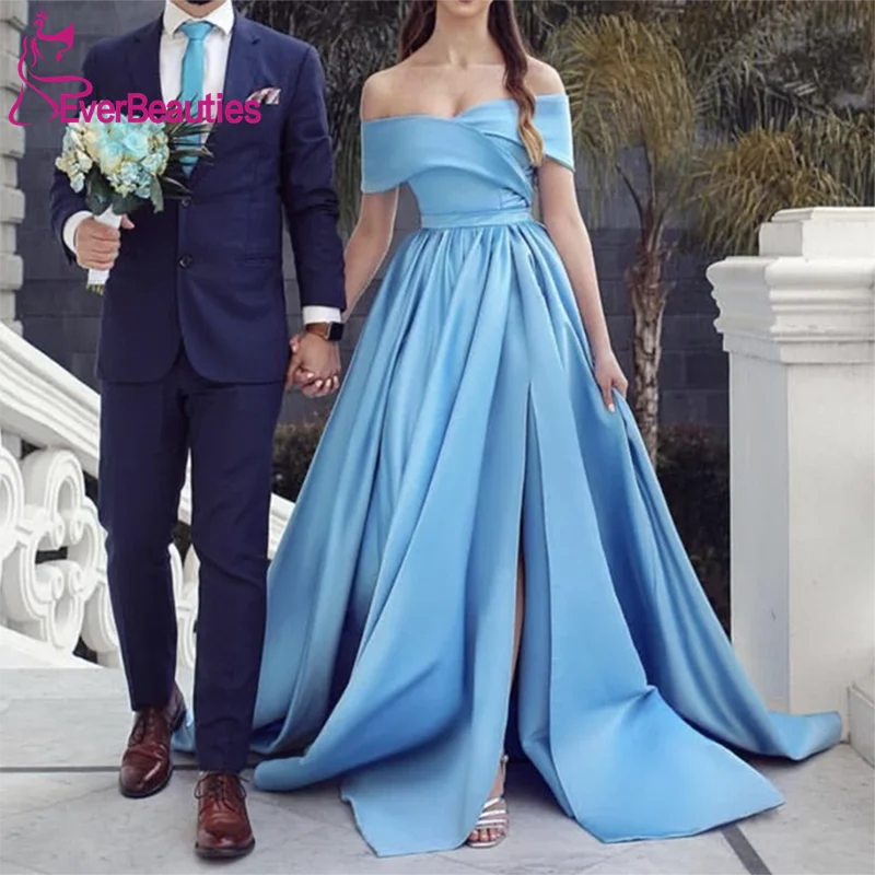 

Side Slit Evening Dresses Long 2020 Evening Gown Satin Off The Shoulder Abiye Vestido De Festa Boat Neck Robe De Soiree