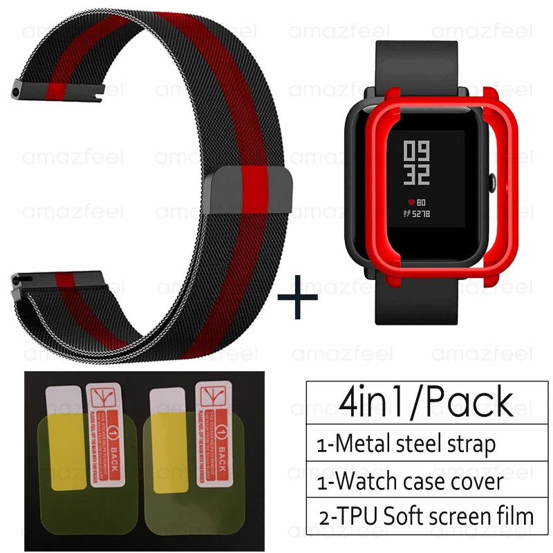 2в1 аксессуары для часов для Amazfit ремешок bip розовый чехол Защитная пленка для экрана браслет для Amazfit bip lite ремешок на запястье - Цвет: black red-red