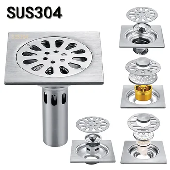 

10 * 10cm Floor Drain 304 Stainless Steel Brushed Deodorant Core Self-sealing Bathroom Washing Machine Water Plug Floor Drain