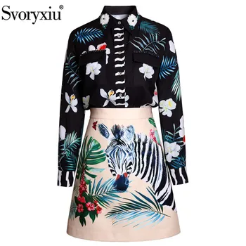 

Svoryxiu Vintage 2 Piece Set Women's Long Sleeve Black Flower Print Blouse + Crystal Zebra Skirt Runway Autumn Fashion Suits
