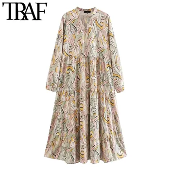 

TRAF Women Chic Fashion Printed Pleated Midi Dress Vintage Tied O Neck Long Sleeve Female Dresses Vestidos Mujer