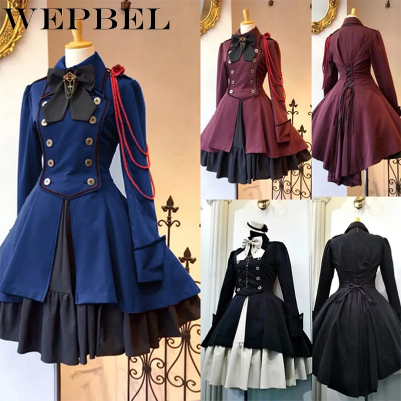 

WEPBEL New Medieval Renaissance Vintage Gothic Lolita Dress Cosplay Ruffle Bow Tie Button Lace Up Knee Length Long Sleeve Dress