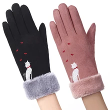Новинка, зимние женские перчатки, теплые, милые, ветрозащитные, цветные, одноцветные, кошачьи, для улицы, варежки с вышивкой