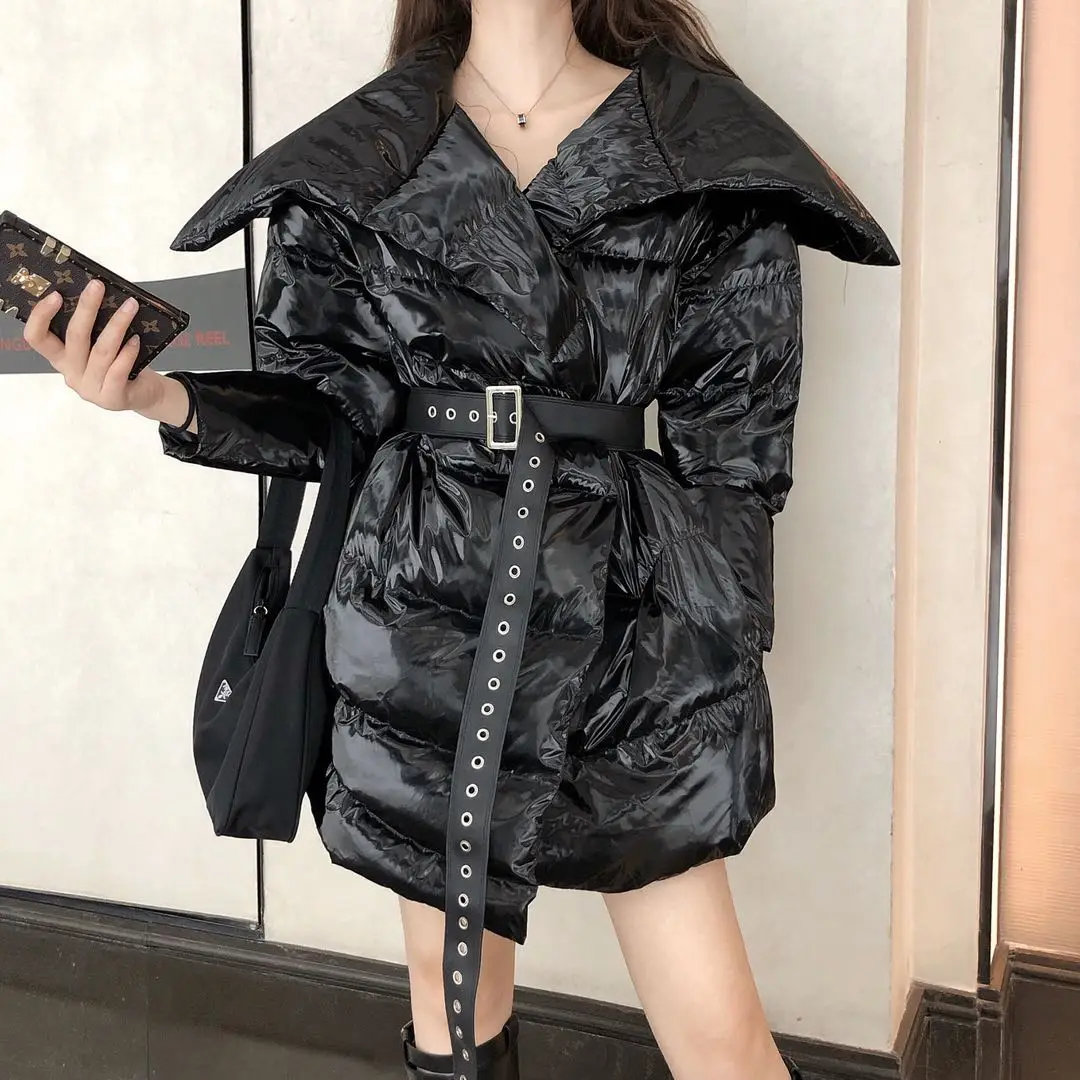 

Net red with the grapefruit MM2019 winter new lapel long-sleeved belt waist sequins loose small women cotton clothes