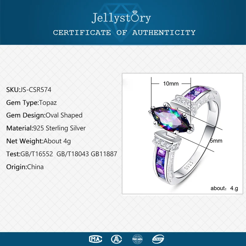 Jellystory Fashion Oval Shape Rings with Colorful Topaz Gemstones 925 Sterling Silver Jewelry Ring For Women Wedding Party Gifts silver ring wedding rings silver rings gemstone ring natural stone ring
