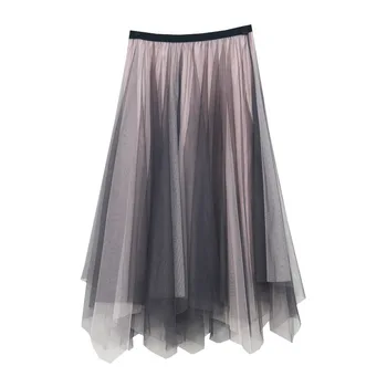 

2020 Gradient Color Long Tulle Skirts Women Korean A-line High Waist Pleated Midi Skirt Knee Length Female School Skirt Girls