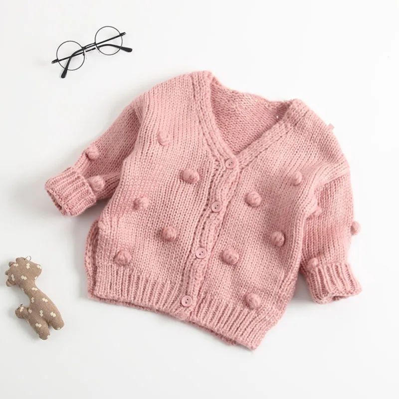 Свитер для маленьких девочек, зимний теплый детский пуховый свитер с помпонами, куртка-кардиган, кардиган, От 0 до 3 лет - Цвет: LT697P-