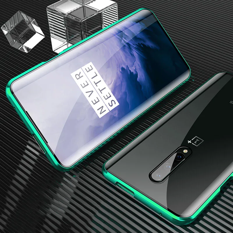 360 Полный Магнитный чехол для телефона Oneplus 7 Pro Алюминиевый металлический чехол-бампер двухсторонняя, для стекла чехол для Oneplus 7 Pro 1+ 7 - Цвет: Green