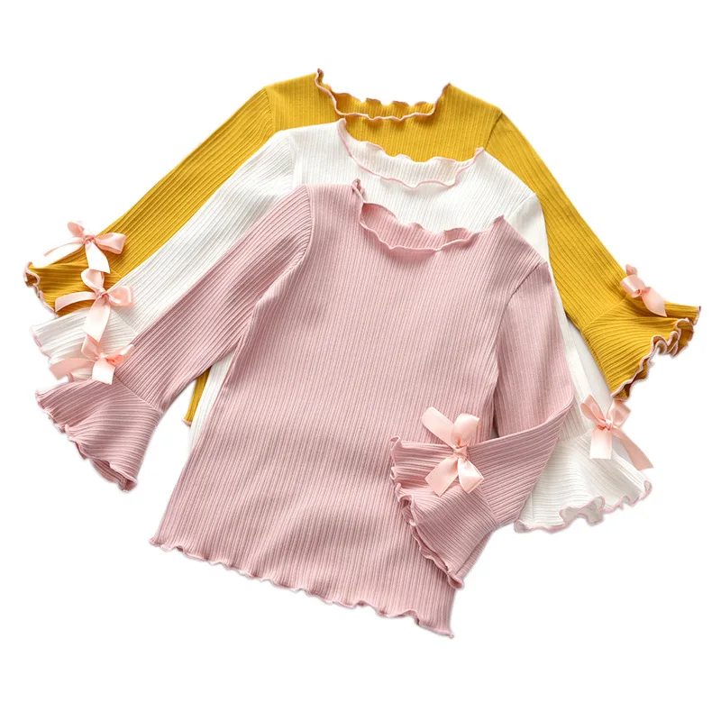 

New Spring Fall Winter Girls Shirts Kids White Pink Long Sleeve Lace Bow Baby Girl Tops t shirt Toddler Children Clothes Gifts