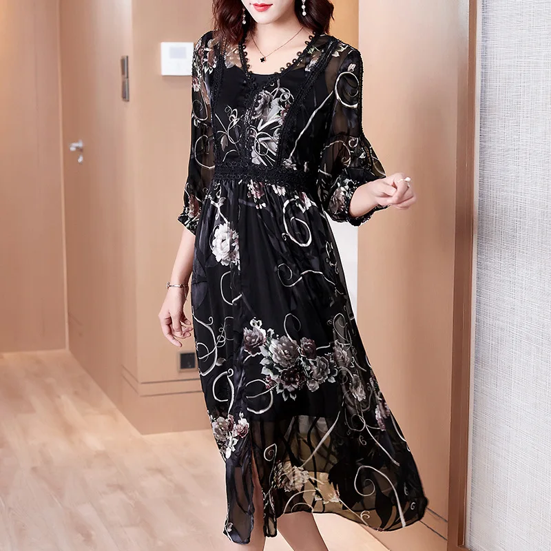 Zwarte Chiffon Whhite Bloemen Zijden Jurken Vrouwen 2020 Zomer Lange Casual Kantoor Werk Beach Party Jurk Plus Size Losse Dropship Zwarte Chiffon Whhite Bloemen Zijden Jurken Vrouwen 2020 Zomer Lange Casual Kantoor Werk Beach Party Jurk Plus Size Losse Dropship