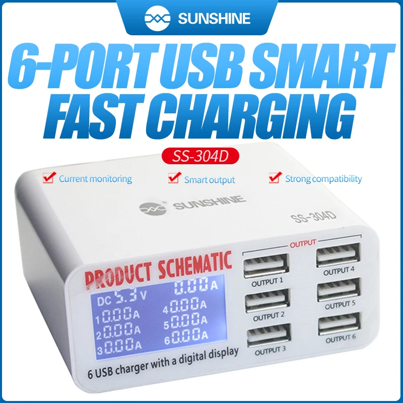 SUNSHINE Universal 6 Ports USB Quick Charger SS-304D 5V 6A Digital Display Fast Charger for iPhone iPad Electronic Product sunshine ss 309wd usb charger 8 port multi quick charge mobile phone chargers adapter fast charging station for iphone tablet
