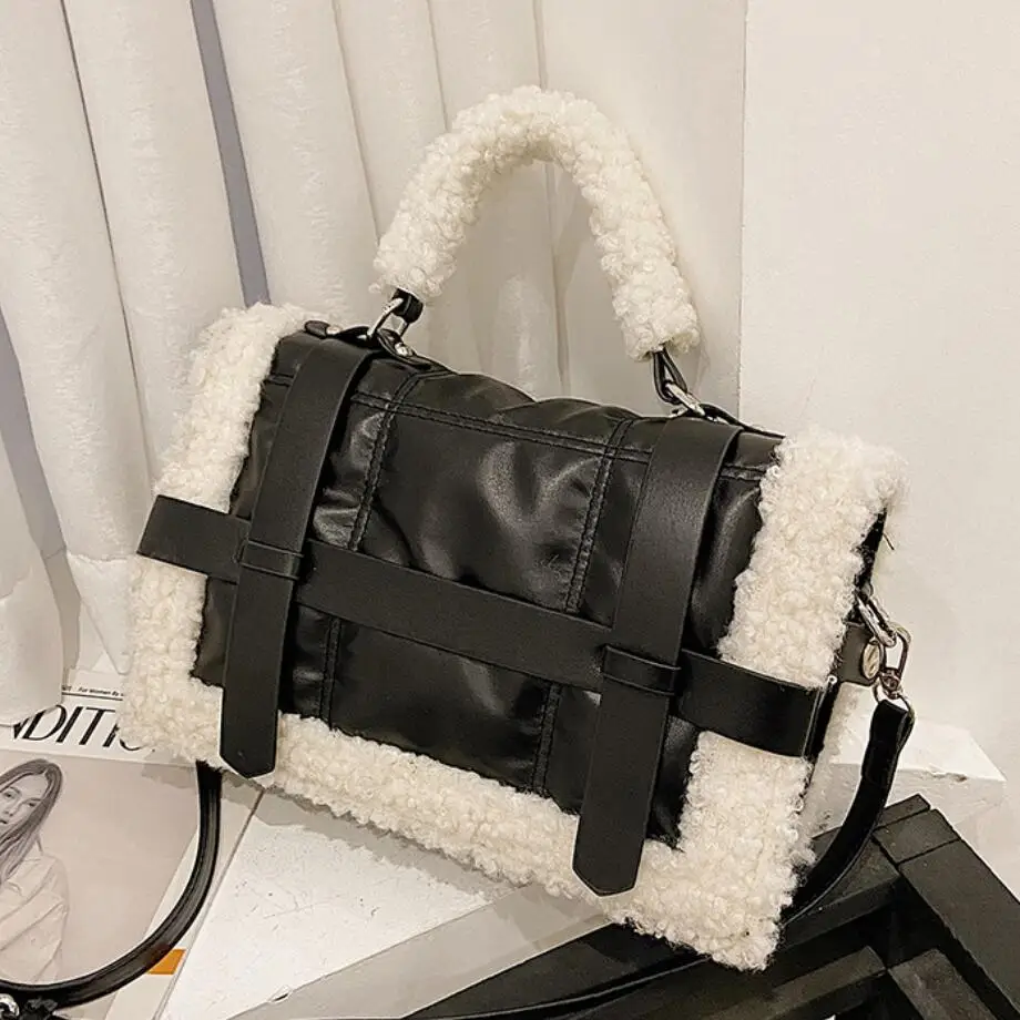 

Elegant Female Plush Tote bag 2020 New High quality PU Leather Women's Designer Handbag Contrast color Shoulder Messenger Bag