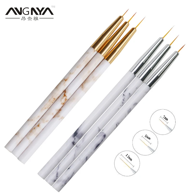 

ANGNYA 3Pc/set Acrylic UV Gel Liner Brush 7/9/11mm Marble Handle for Nail Drawing Painting Pen Fine Details Flowers Lines Design