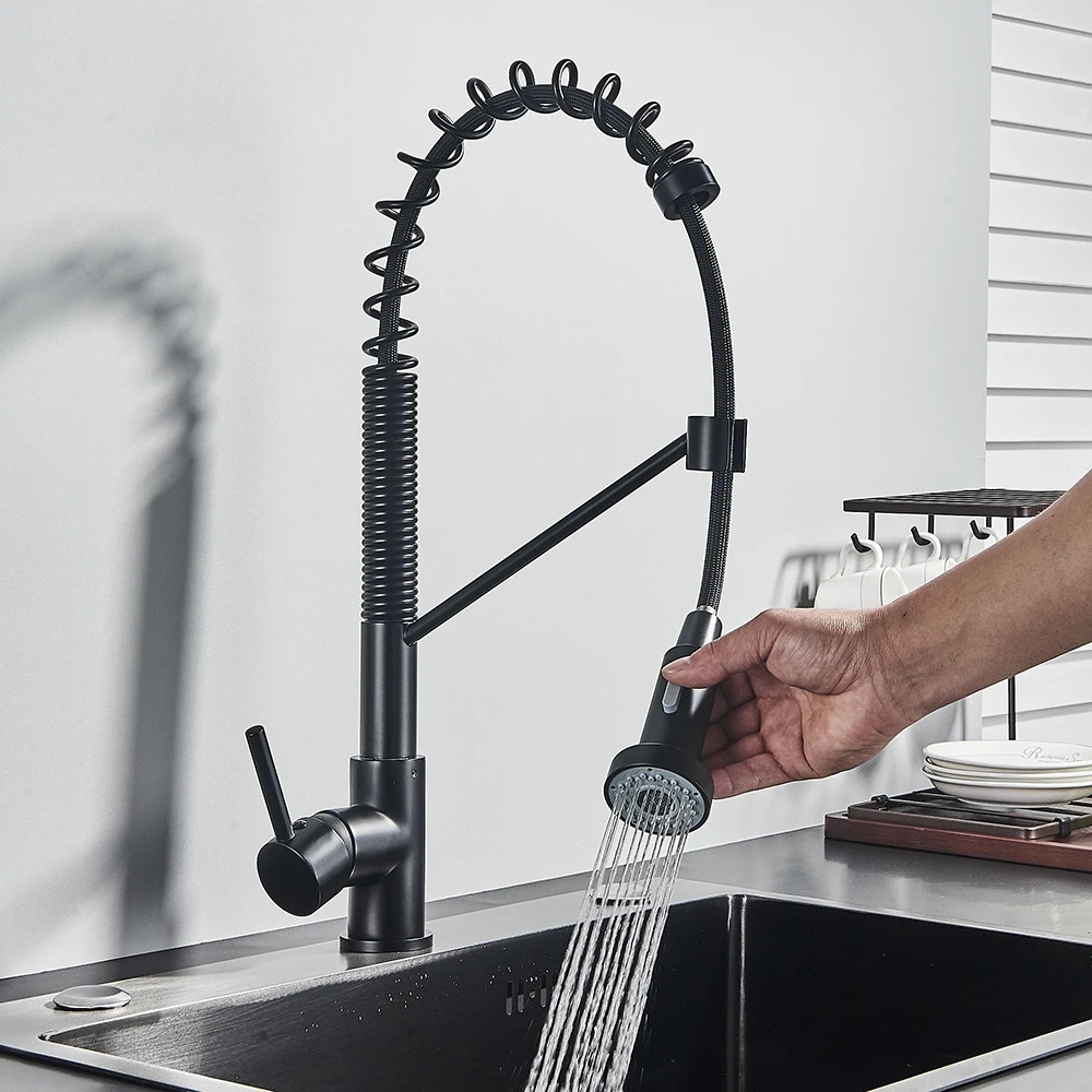 Black Pull Out Kitchen Sink Faucet Deck Mounted Stream Sprayer Kitchen Mixer Tap Bathroom Kitchen Hot Cold Tap 360 Rotation Tap ceramic kitchen sink