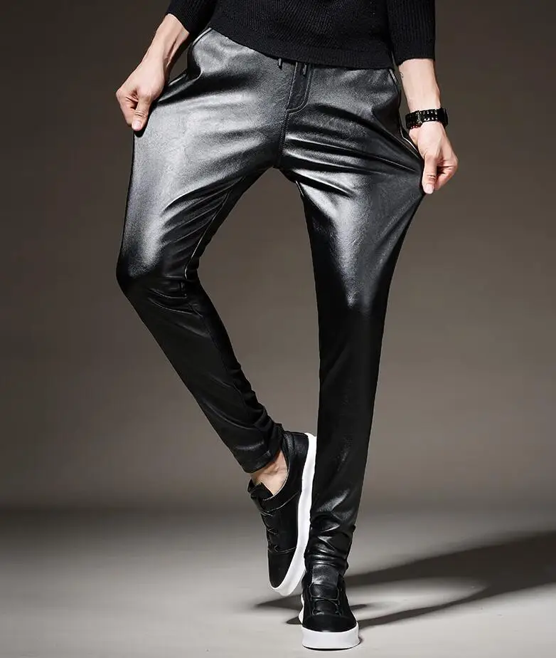

leather pants mens feet pants Elastic waist drawstring fashion motorcycle pu trousers for men personality pantalon homme black