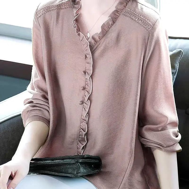 Большие размеры рубашка женская элегантная офисная блузка с рюшами Женские повседневные свободные топы с v-образным вырезом и длинными рукавами футболки черный - Цвет: Розовый