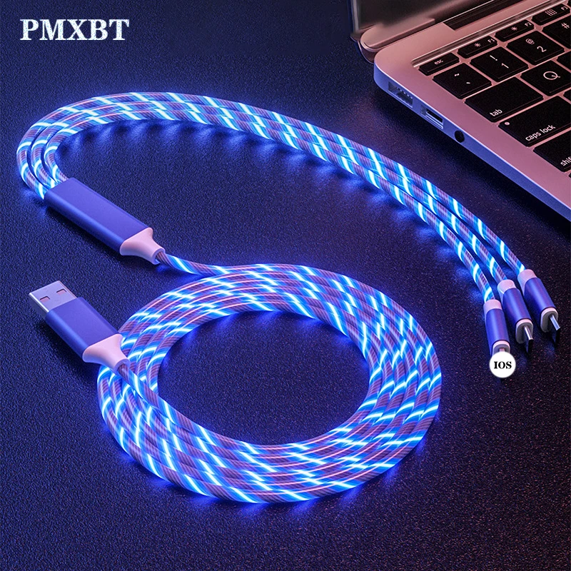

3in1 USB Type C Micro USB Lighting Cable for iPhone Samsung Charger Cable LED Glow Flowing 1.2m Fast Charging Type-c USB C Cable