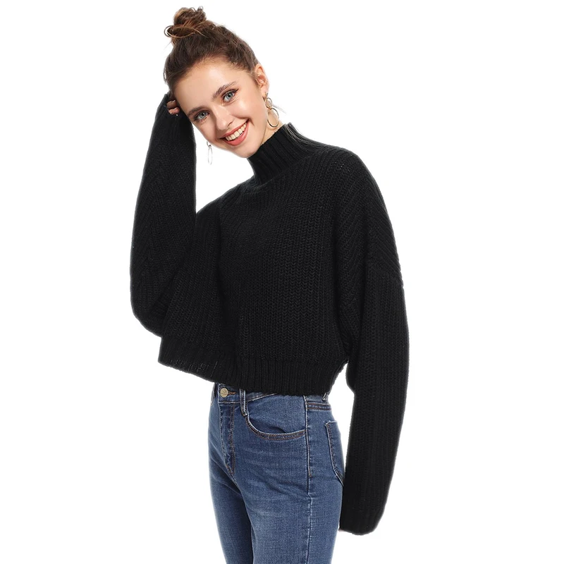 SHEIN черный однотонный короткий свитер с высоким воротом, осенний свитер для женщин, топы, зимняя уличная одежда с длинным рукавом, повседневный женксие кофты