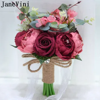 JaneVini Vintage rojo oscuro seda Rosa peonía flores artificiales para la novia ramo 2020 rosa púrpura flor azul novia ramos de boda