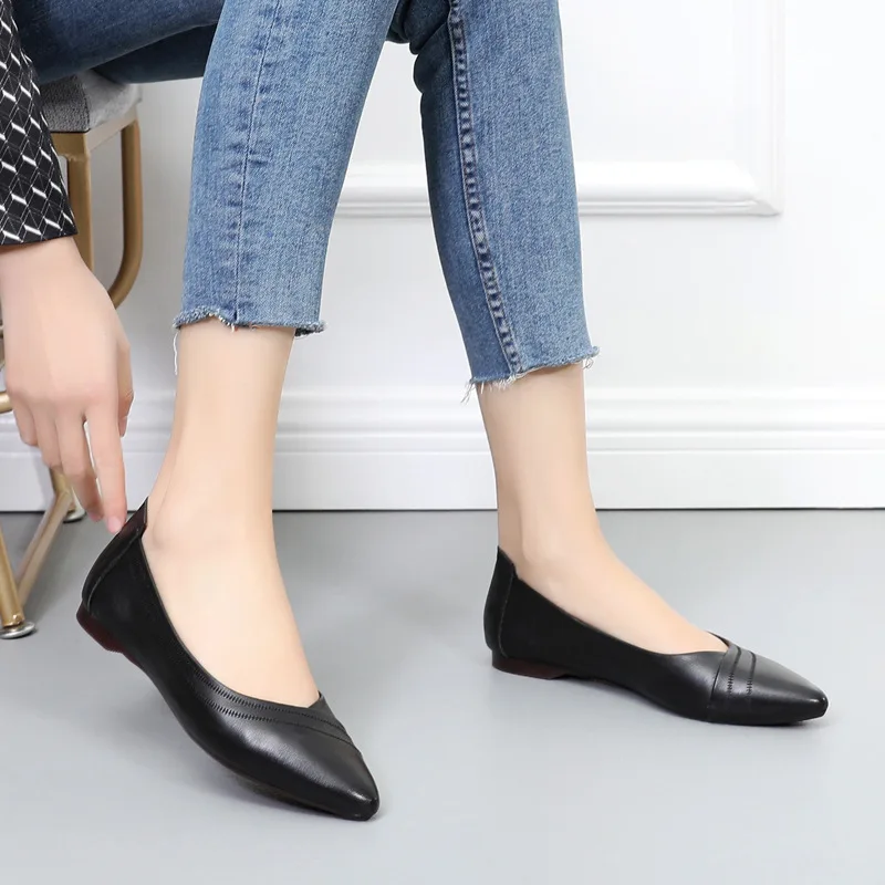 

Shoes Women's 2019 Spring New Style Low-Cut Flat Pointed Korean-style Versatile Genuine Leather Soft Bottom Large Size WOMEN'S S