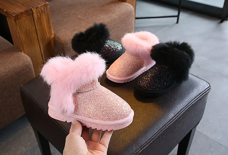 Детские зимние ботинки для девочек, Ботинки martin с кроличьим мехом, Детская Хлопковая спортивная обувь, ботинки принцессы из натуральной кожи с блестками