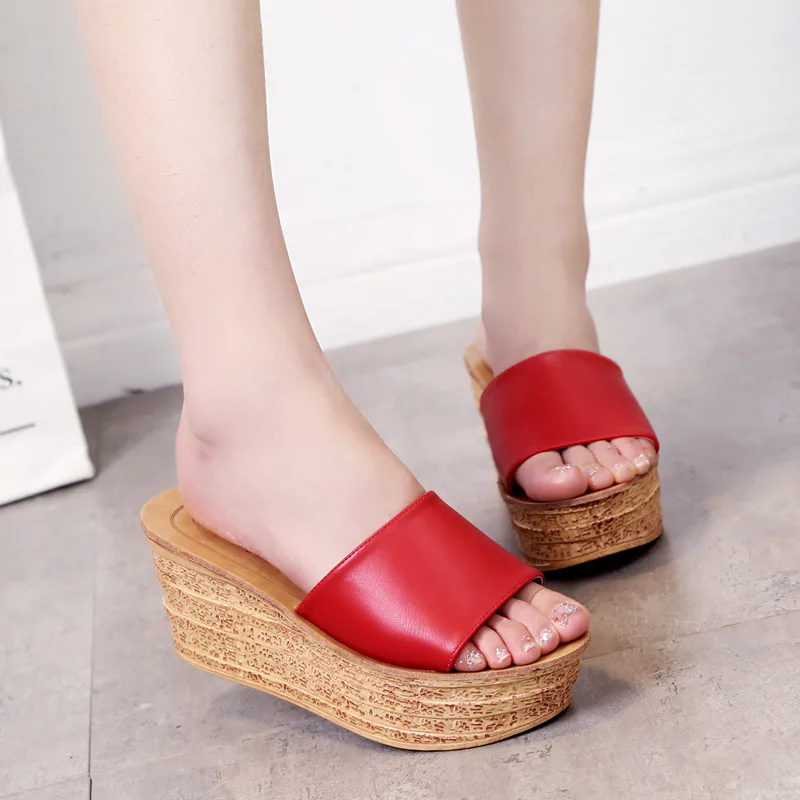 

New Style Korean-style WOMEN'S Slippers Summer Thick Bottomed Slanted Heel High Heel Slippers Platform Sandals Fashion Outer Wea