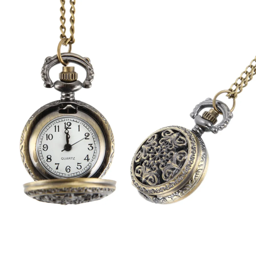 Fashion Vintage Women Pocket Watch Alloy Retro Hollow Out Flowers Pendant Clock Sweater Necklace Chain Watches Lady Gift FOU99