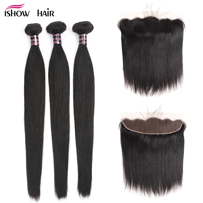 

Ishow Indian Straight Hair Bundles With Frontal Non Remy Human Hair Bundles with Closure 3 Bundles with Frontal Pre Plucked
